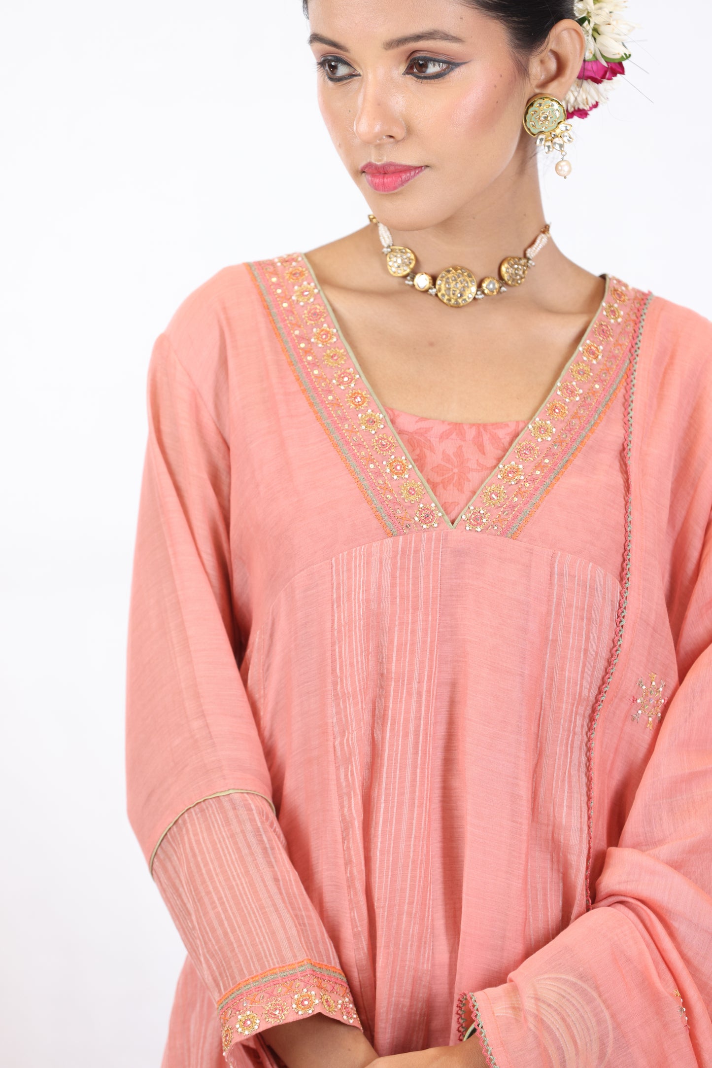 Falak Panelled Kurta Set - Peach