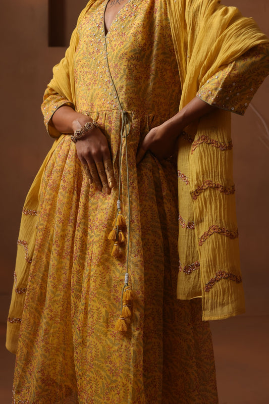 Gunjan Printed Angrakha Set - Yellow