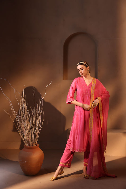 Peehu Pleated Neck Embroidered Kurta Set - Pink