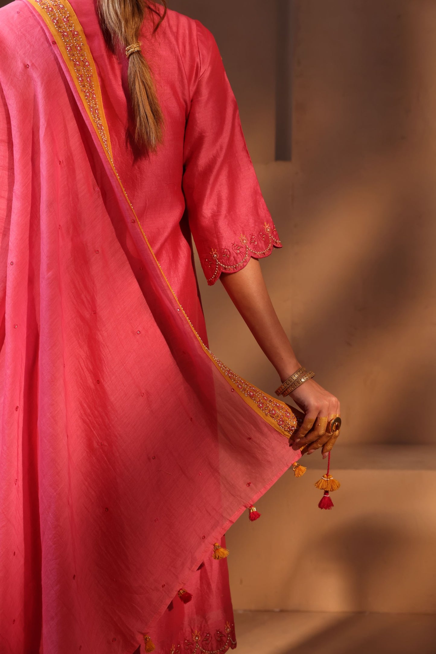 Peehu Pleated Neck Embroidered Kurta Set - Pink