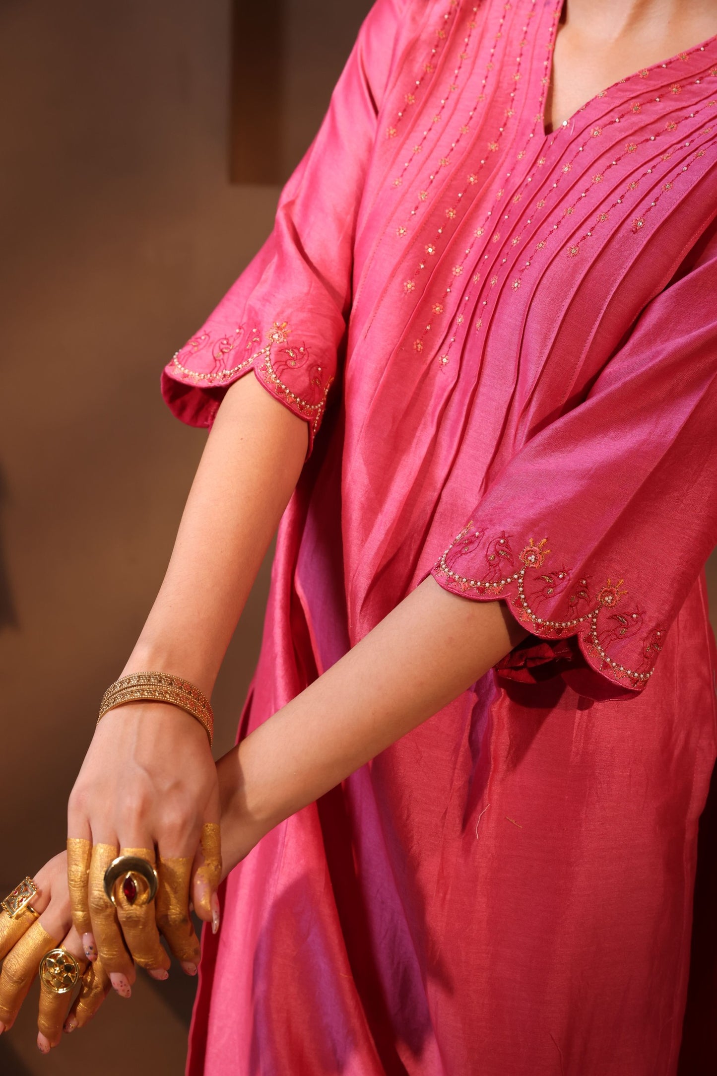 Peehu Pleated Neck Embroidered Kurta Set - Pink