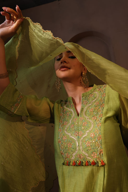 Tuhi Yoke Embroidered Kurta Set - Green