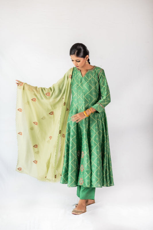Bandhej Printed Gherdaar Chanderi Kurta Set - Green (RTS)