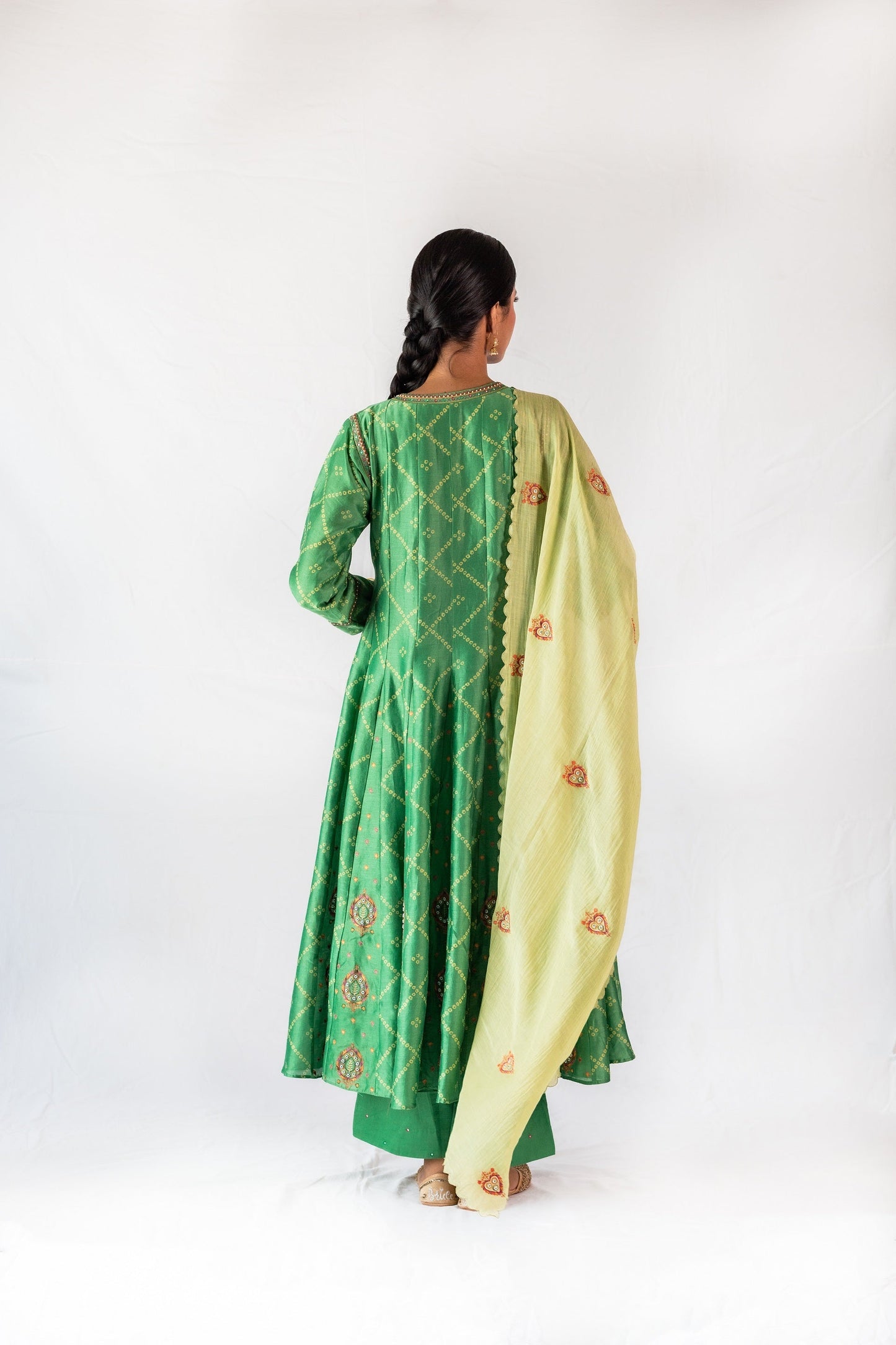 Bandhej Printed Gherdaar Chanderi Kurta Set - Green (RTS)