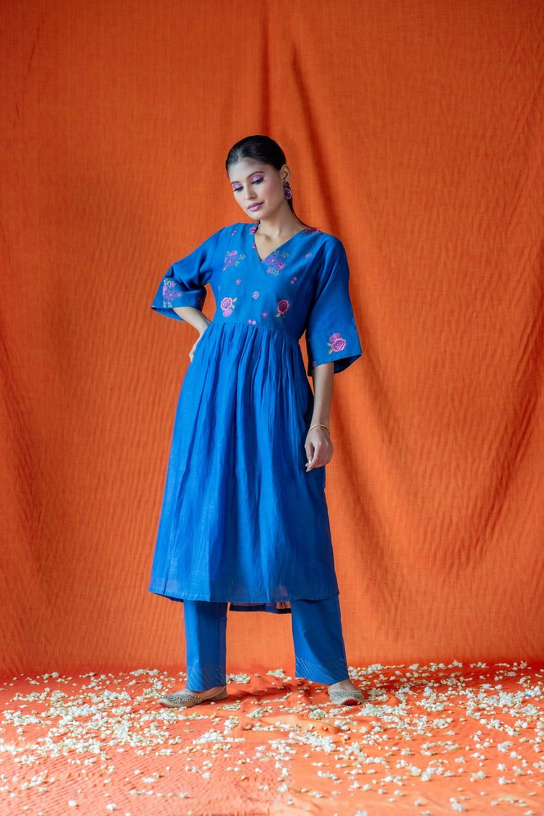 Floral Yoke Embroidered Kurta Set - Blue (RTS)