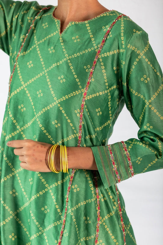 Bandhej Printed Chanderi Kurta Set - Green (RTS)
