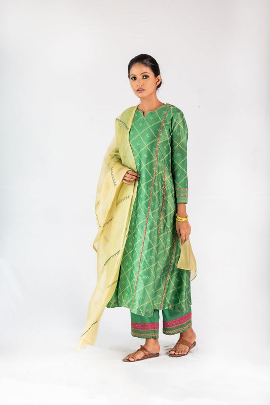 Bandhej Printed Chanderi Kurta Set - Green (RTS)