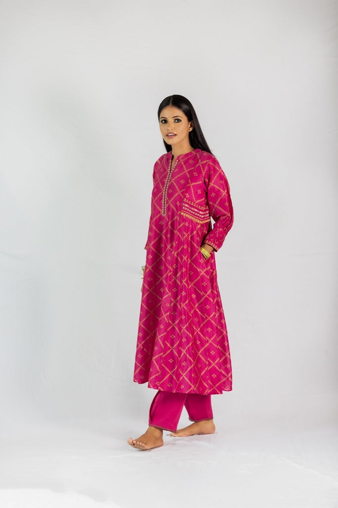 Bandhej Printed Chanderi Kurta Set - Pink (RTS)