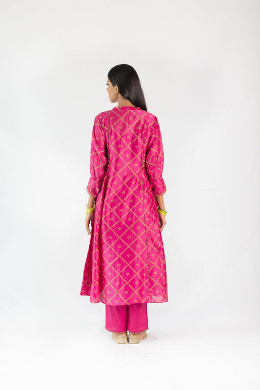 Bandhej Printed Chanderi Kurta Set - Pink (RTS)