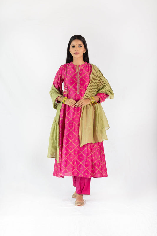 Bandhej Printed Chanderi Kurta Set - Pink (RTS)
