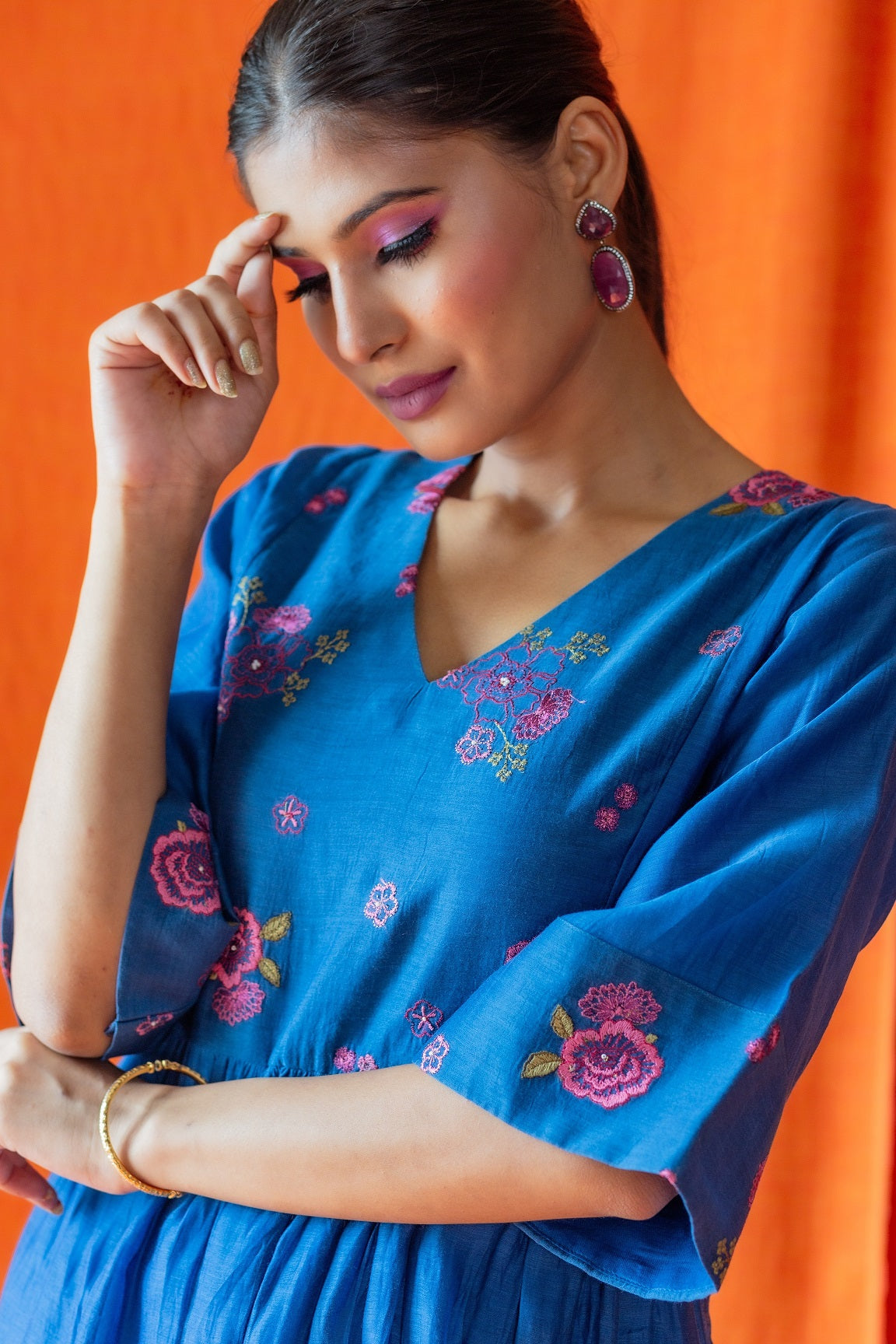 Floral Yoke Embroidered Kurta Set - Blue (RTS)