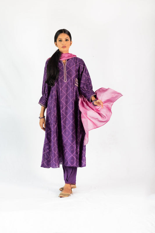 Bandhej Printed Chanderi Kurta Set - Purple (RTS)