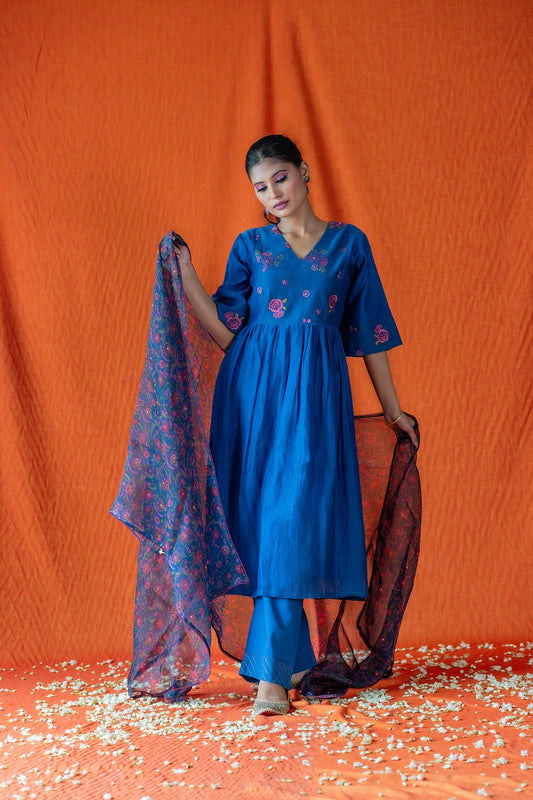 Floral Yoke Embroidered Kurta Set - Blue (RTS)
