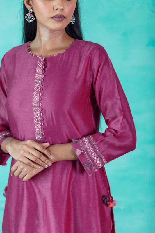 Neck Embroidered Chanderi Kurta Set - Pink (RTS)