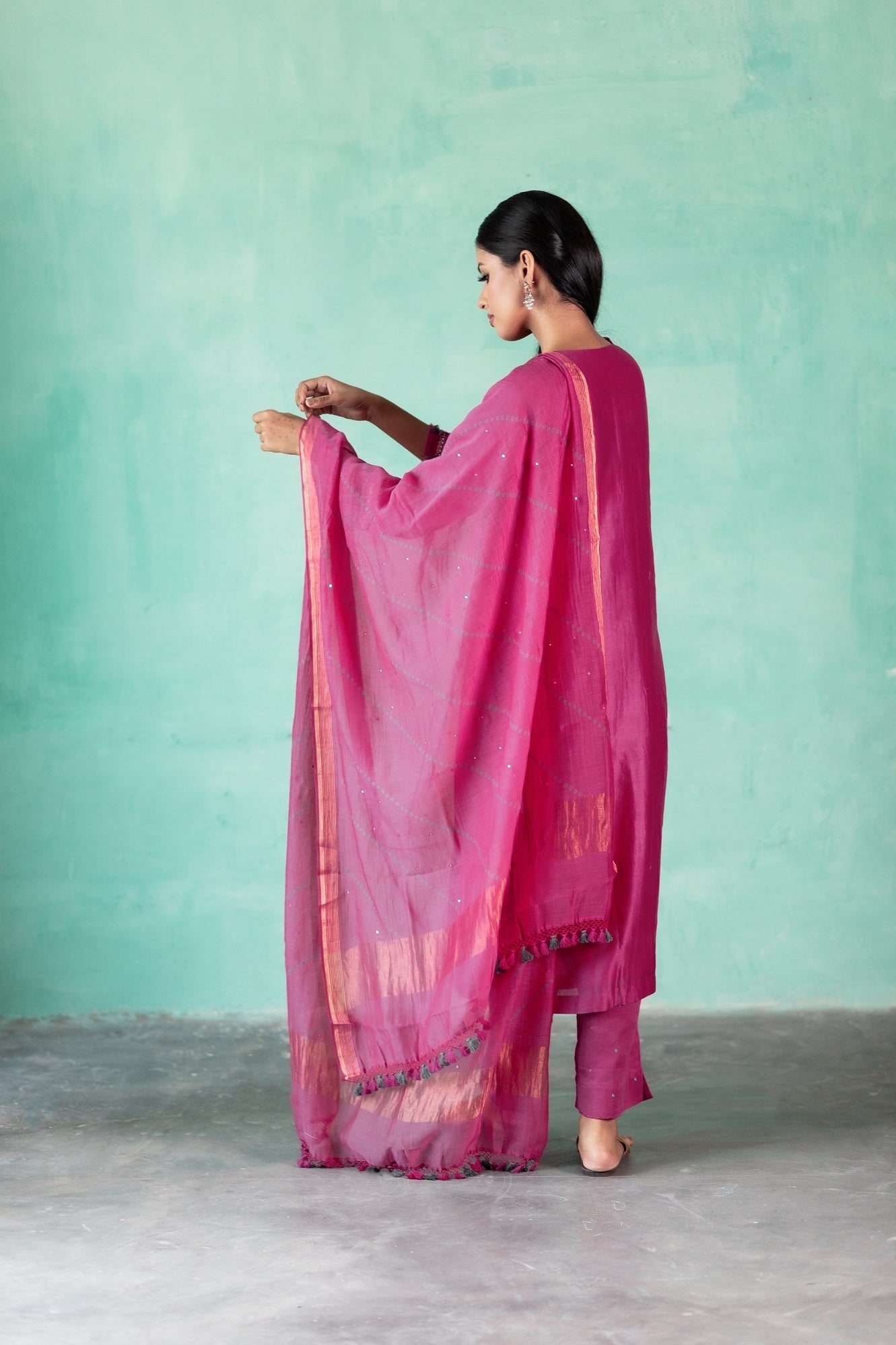 Neck Embroidered Chanderi Kurta Set - Pink (RTS)