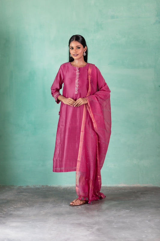 Neck Embroidered Chanderi Kurta Set - Pink (RTS)