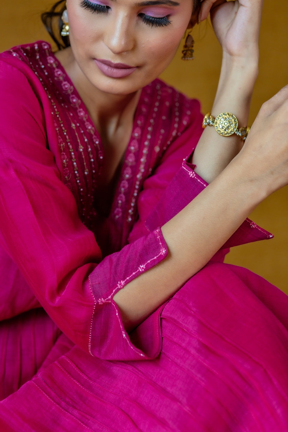 Neck Embroidered Kurta Set - Magenta (RTS)