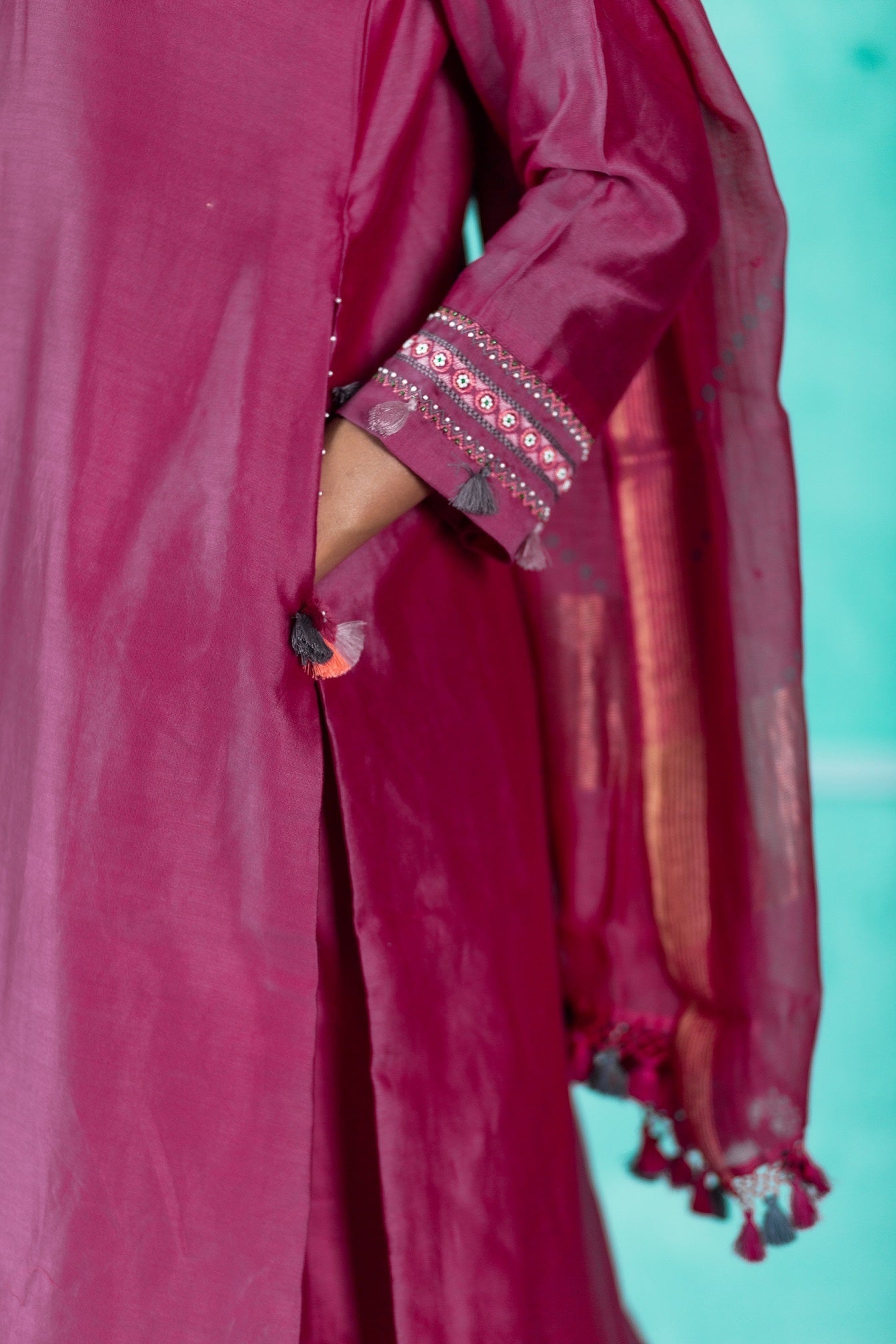 Neck Embroidered Chanderi Kurta Set - Pink (RTS)