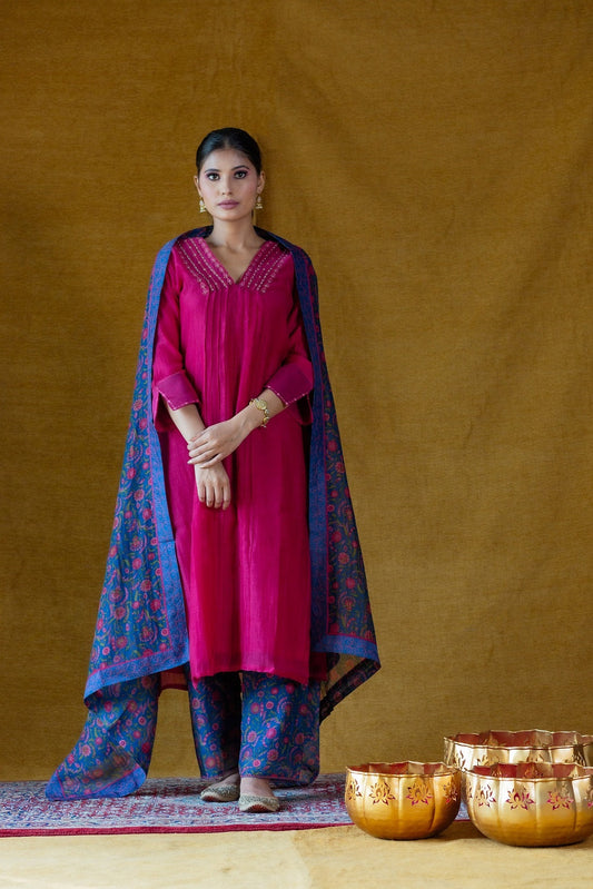 Neck Embroidered Kurta Set - Magenta (RTS)