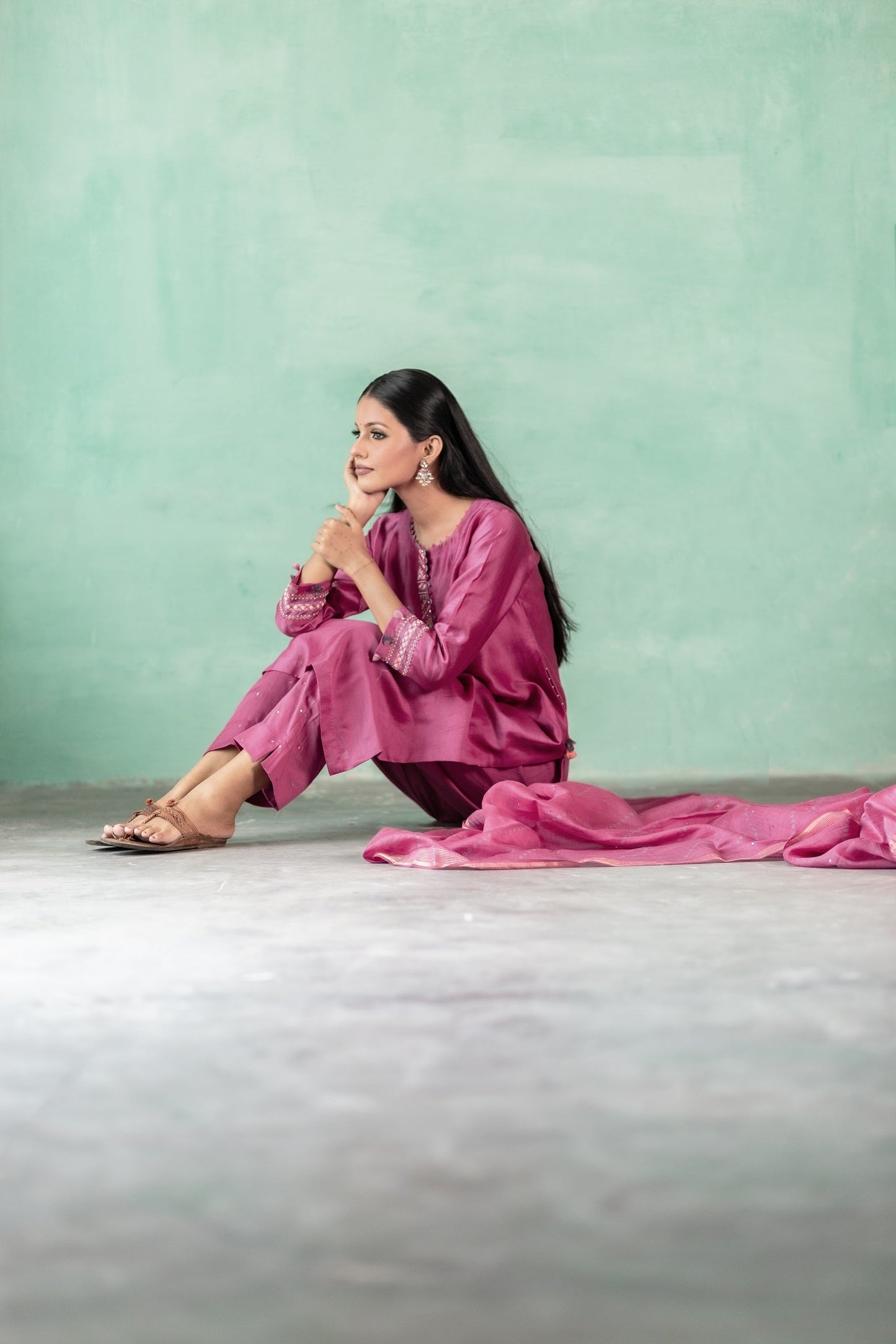 Neck Embroidered Chanderi Kurta Set - Pink (RTS)