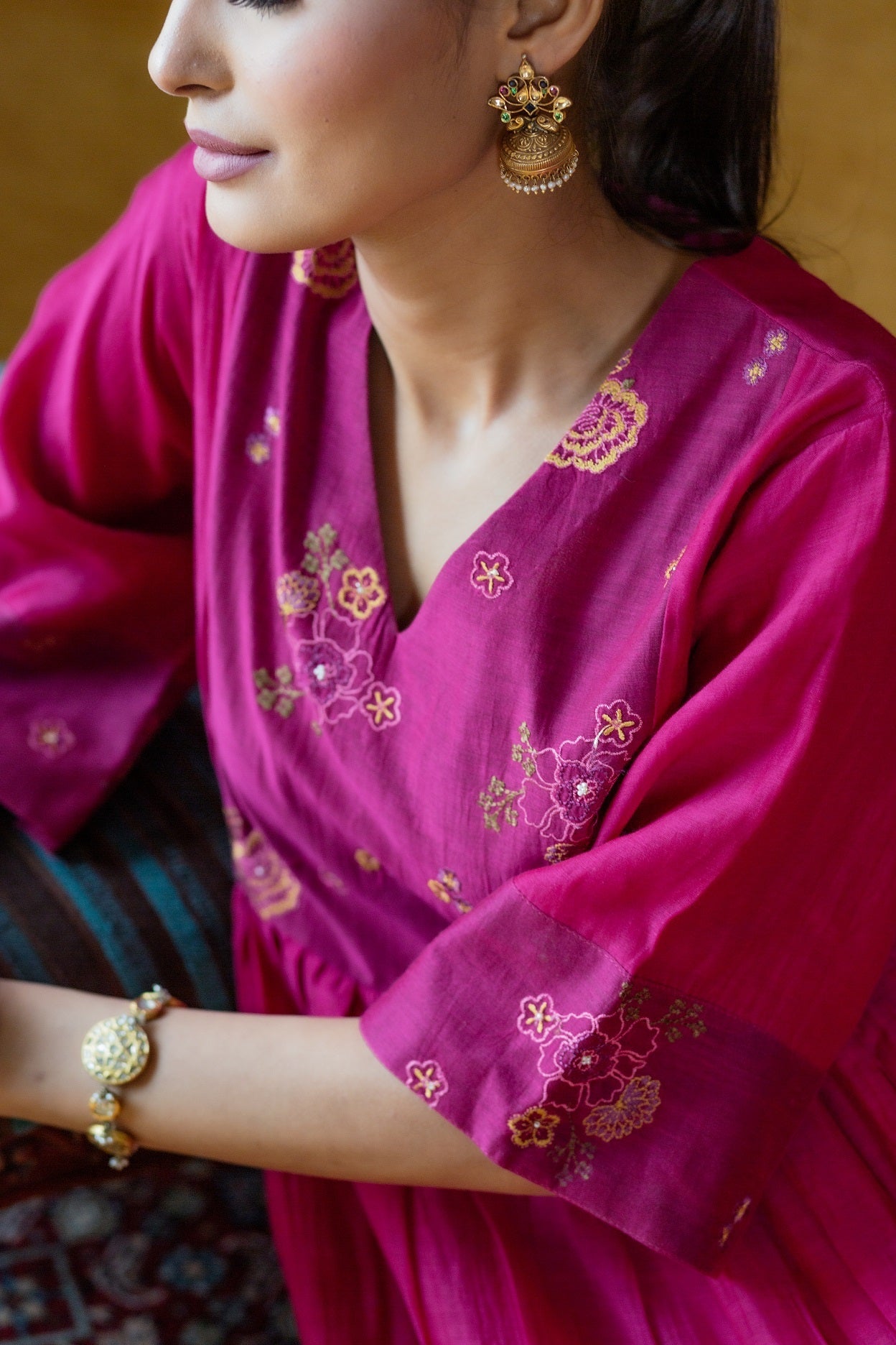 Floral Yoke Embroidered Kurta Set-Magenta (RTS)