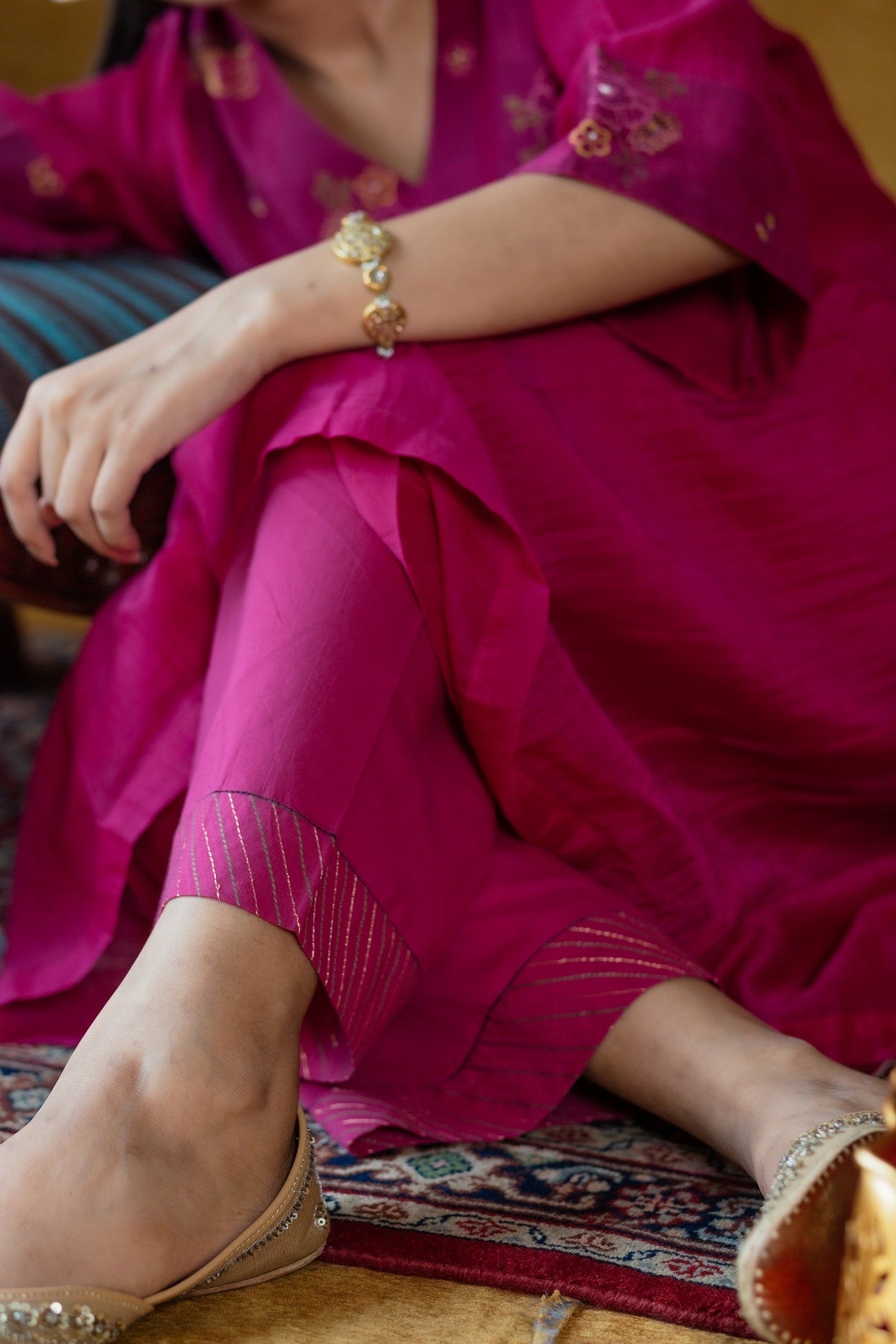 Floral Yoke Embroidered Kurta Set-Magenta (RTS)