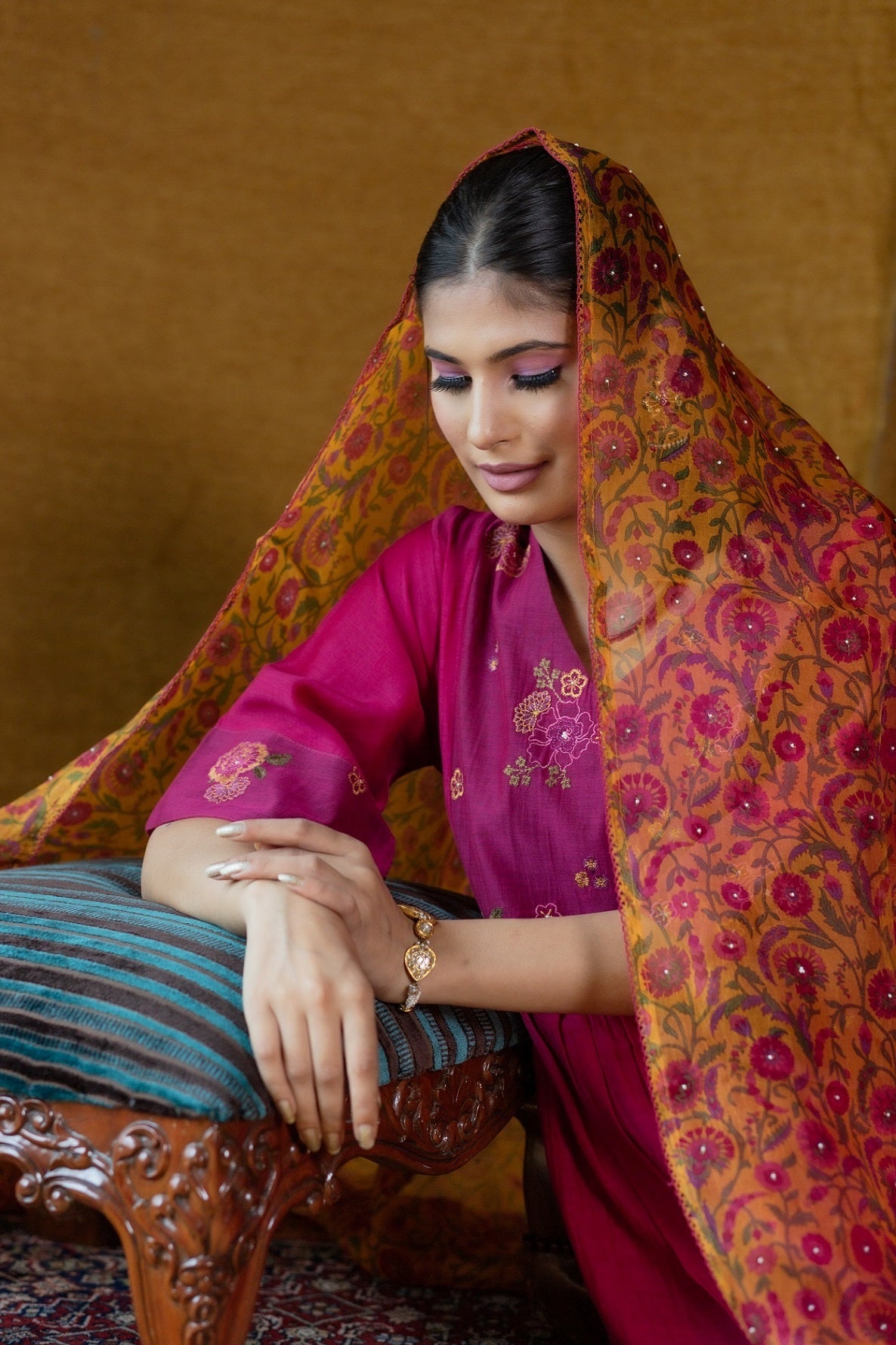 Floral Yoke Embroidered Kurta Set-Magenta (RTS)