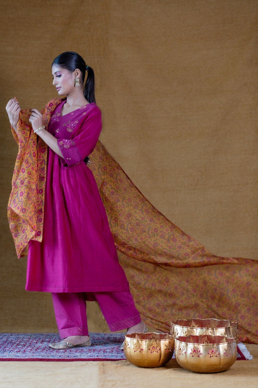 Floral Yoke Embroidered Kurta Set-Magenta (RTS)