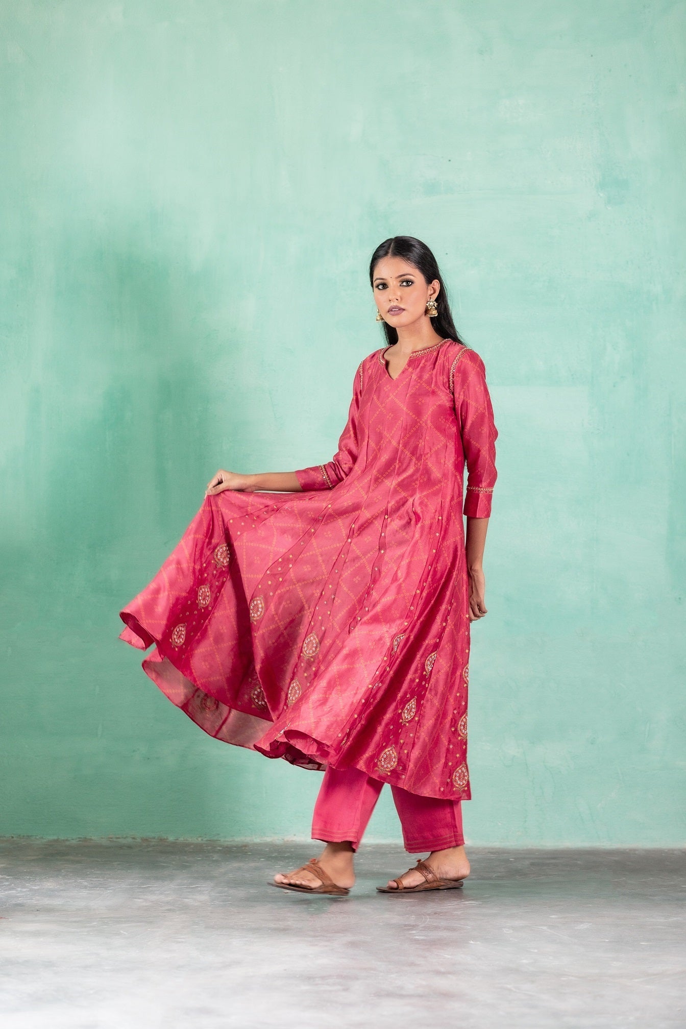Bandhej Printed Gherdaar Chanderi Kurta Set - Red (RTS)