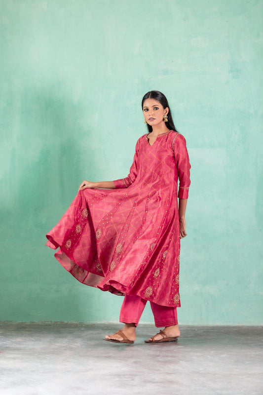 Bandhej Printed Gherdaar Chanderi Kurta Set - Red (RTS)