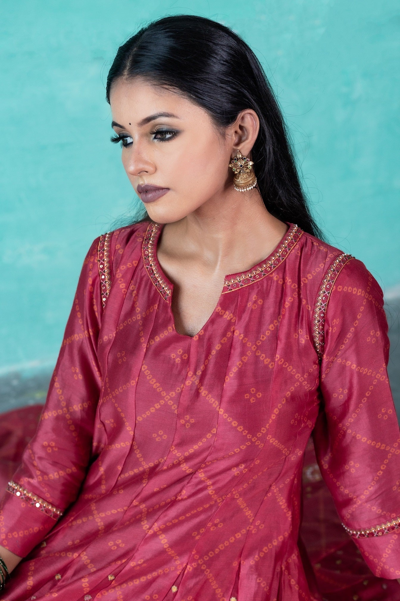 Bandhej Printed Gherdaar Chanderi Kurta Set - Red (RTS)