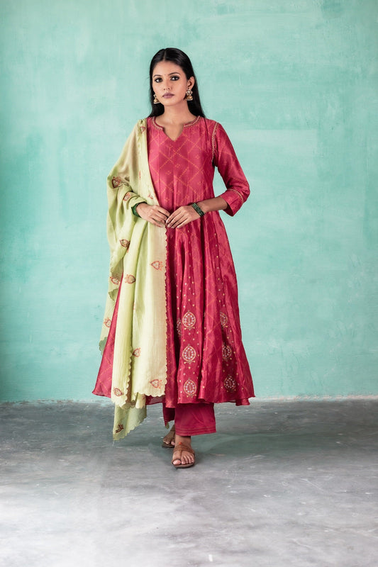 Bandhej Printed Gherdaar Chanderi Kurta Set - Red (RTS)