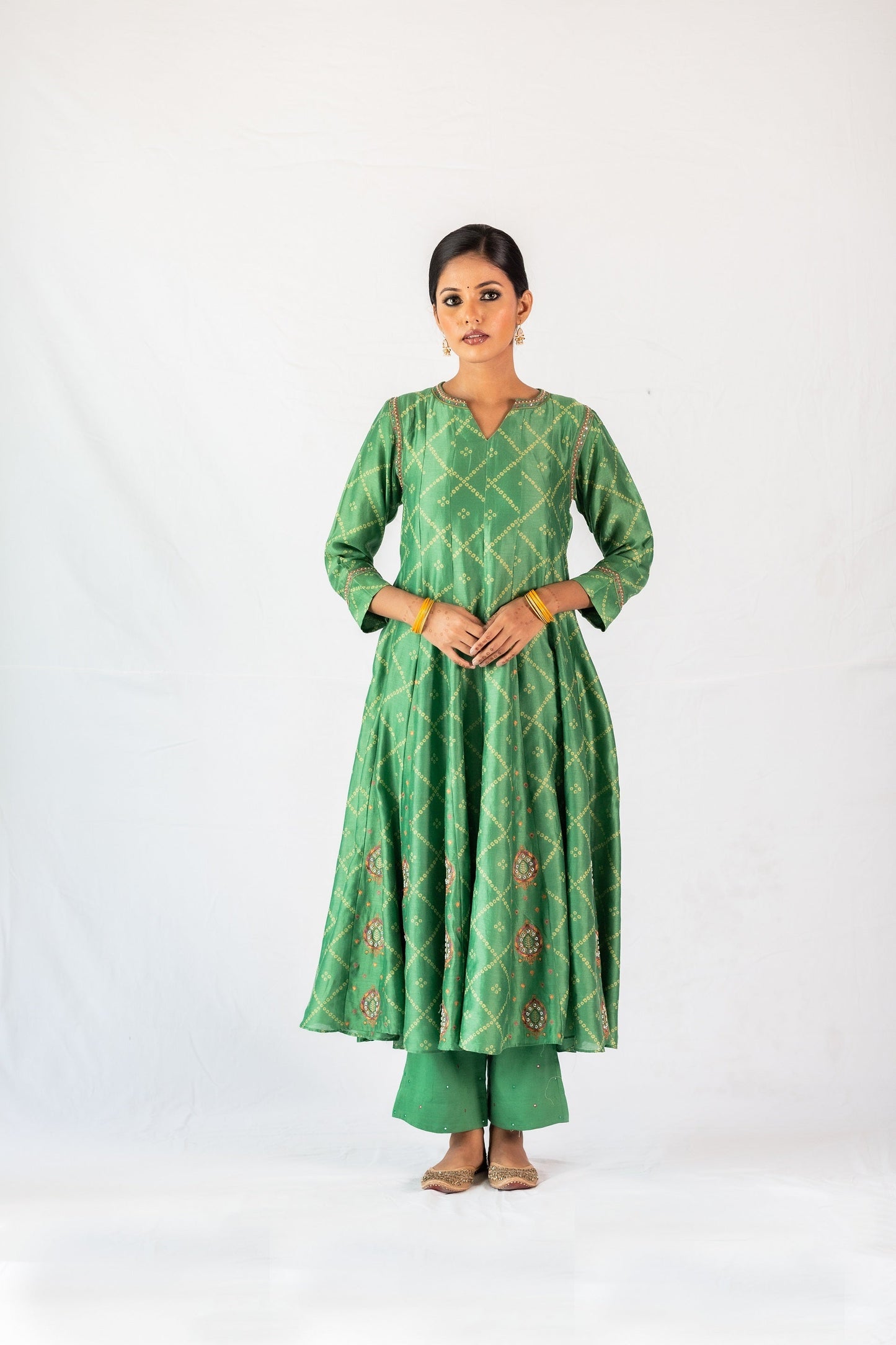Bandhej Printed Gherdaar Chanderi Kurta Set - Green (RTS)