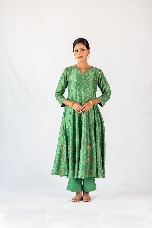 Bandhej Printed Gherdaar Chanderi Kurta Set - Green (RTS)