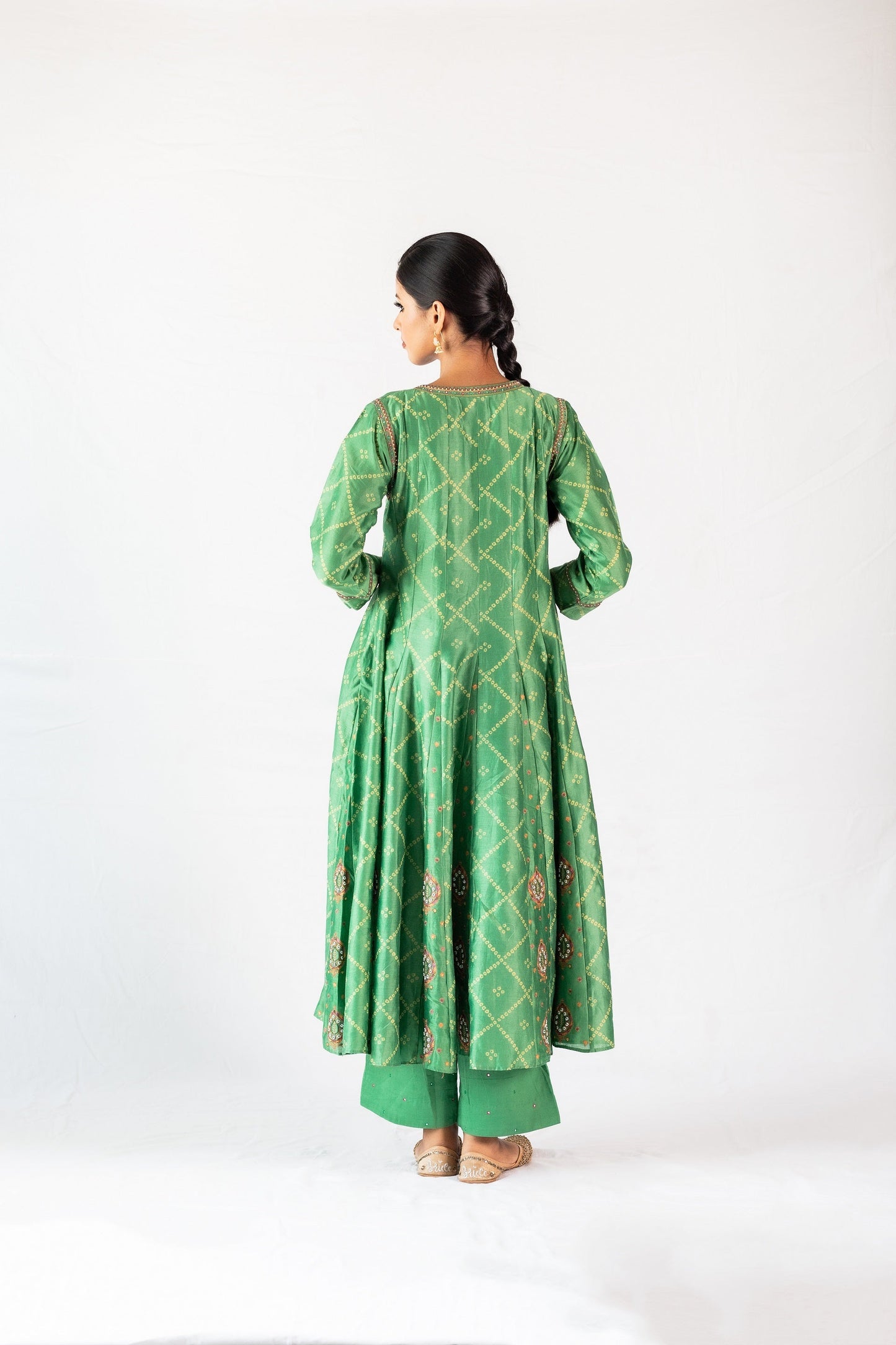 Bandhej Printed Gherdaar Chanderi Kurta Set - Green (RTS)