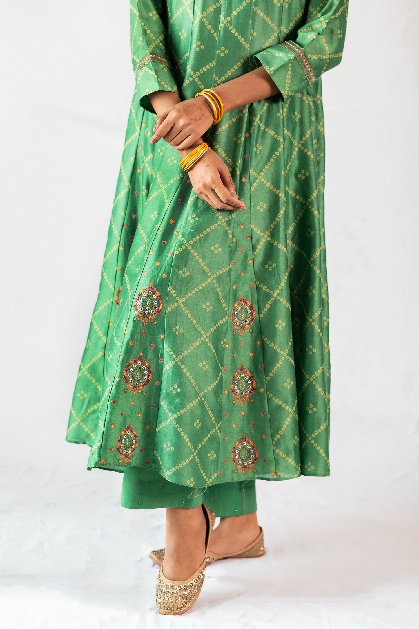 Bandhej Printed Gherdaar Chanderi Kurta Set - Green (RTS)