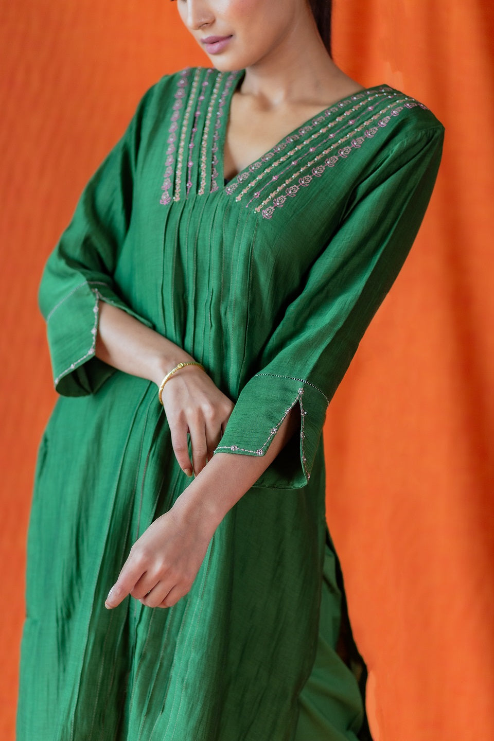 Neck Embroidered Kurta Set - Green (RTS)