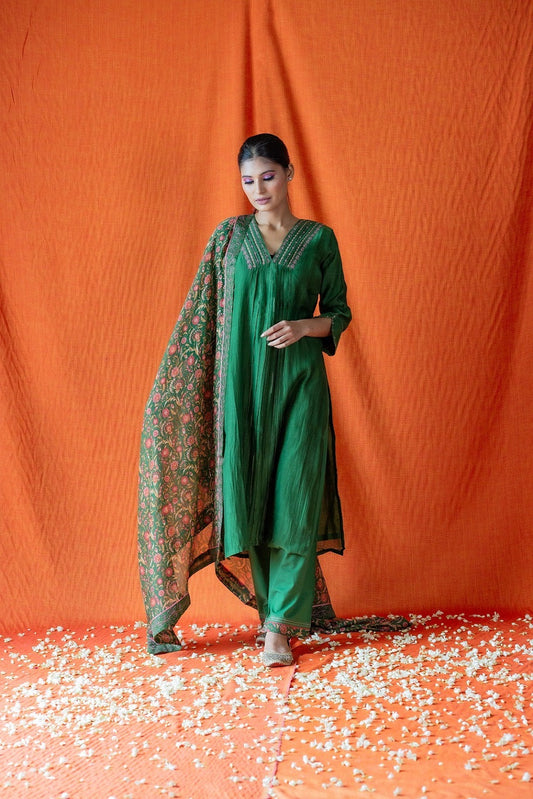 Neck Embroidered Kurta Set - Green (RTS)