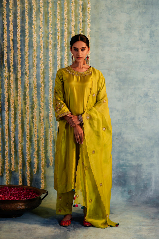 Chandini Silk Kurta & Shashi Buti Pants - Lime