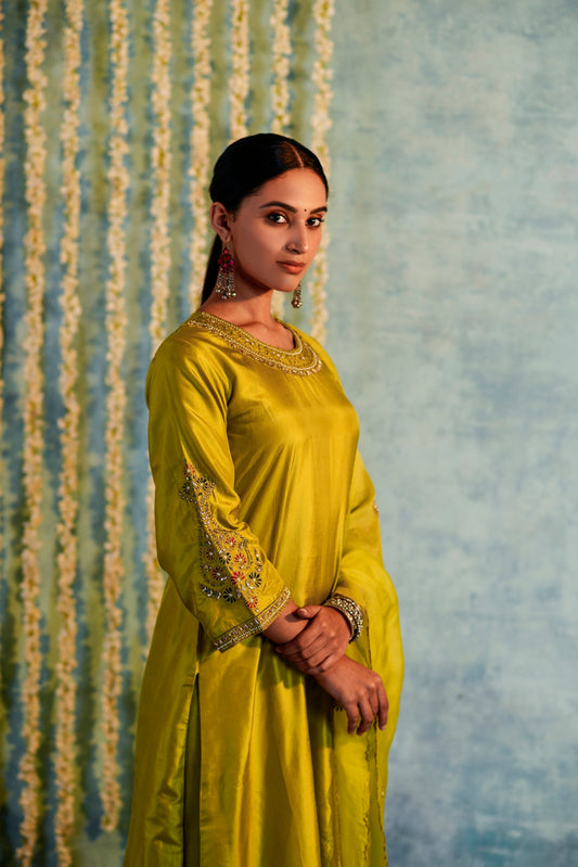 Chandini Silk Kurta & Shashi Buti Pants - Lime