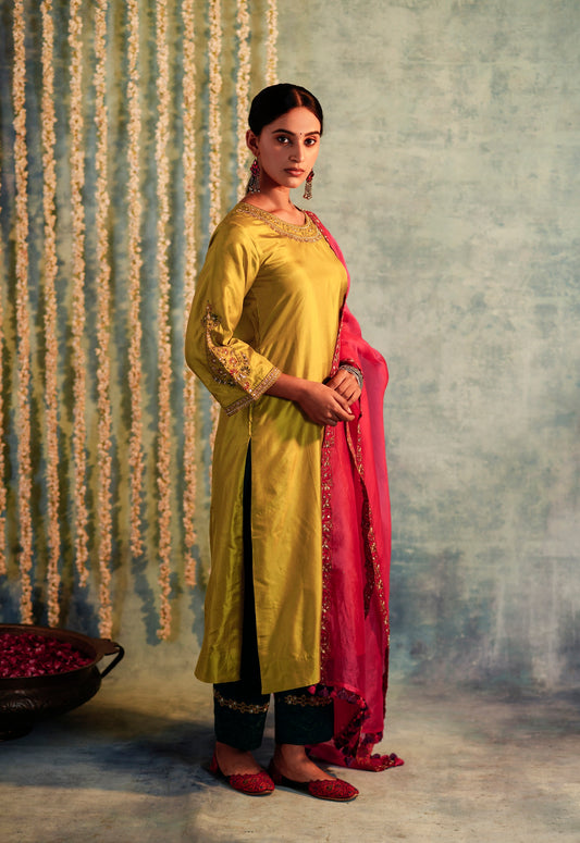 Chandini Silk Kurta & Kala Dori Pants - Lime/Dark Green