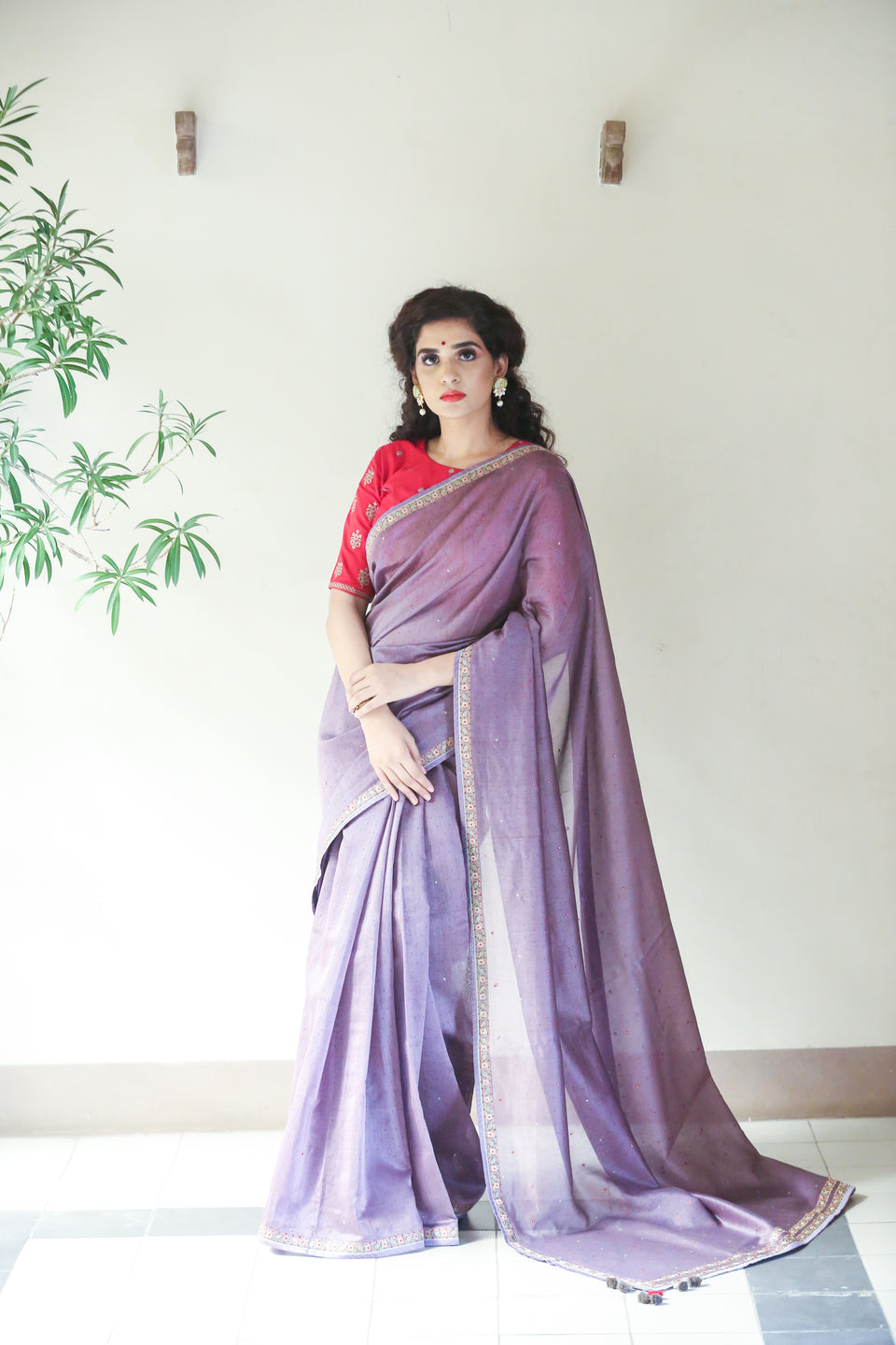Border Sitara Embroidery Saree Purple Beige India