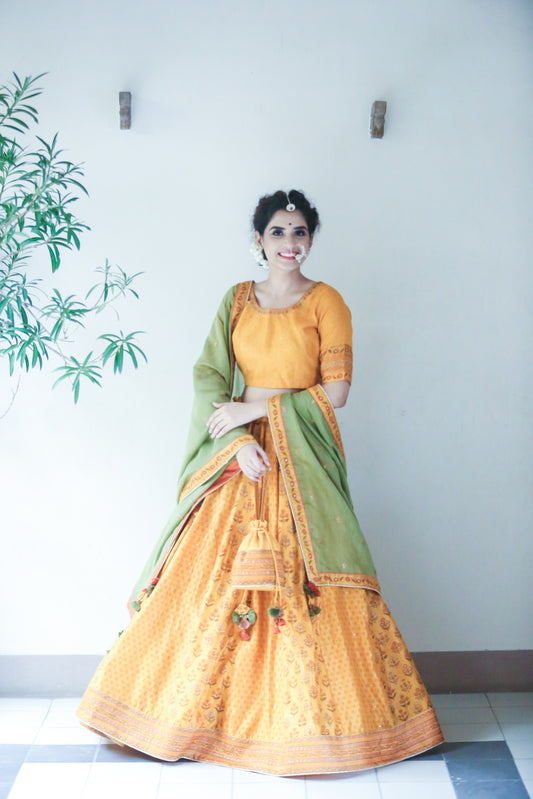 Hand Block Printed Embellished Lehenga Set - Mustard