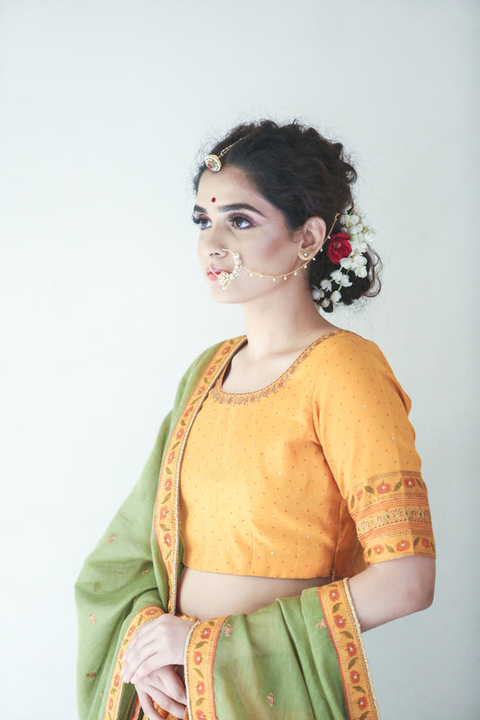 Hand Block Printed Embellished Lehenga Set - Mustard