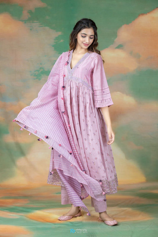 Peonia Gathered Kurta Set - Purple