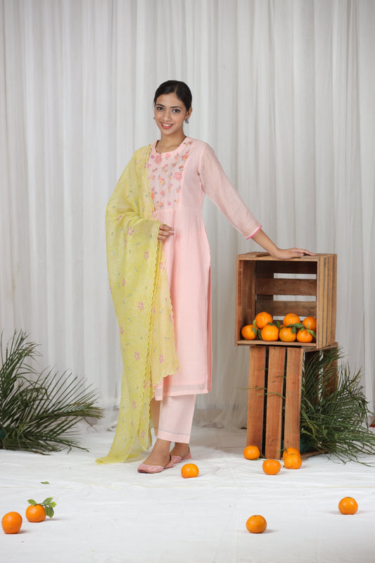 Alifya Embroidered Yoke Kurta Set - Light Pink