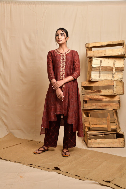 Digital Print Kurta Set - Dark Maroon