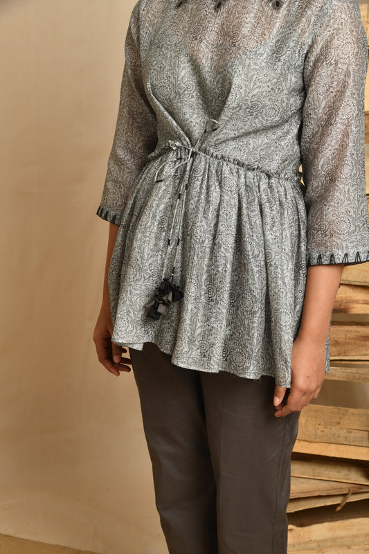 Digital Printed Dori Embroidery Top - Grey