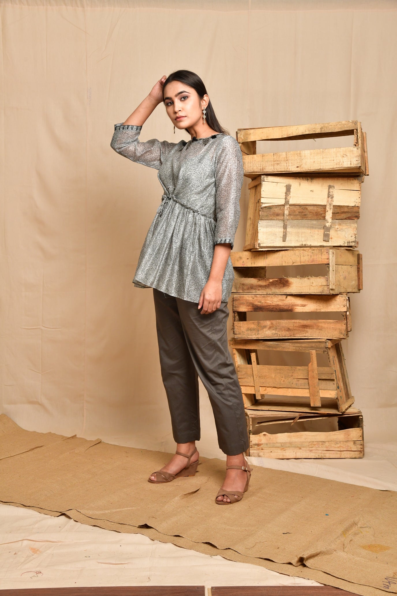 Digital Printed Dori Embroidery Top - Grey