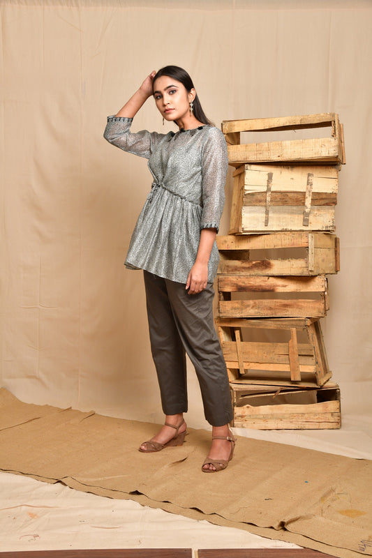 Digital Printed Dori Embroidery Top - Grey